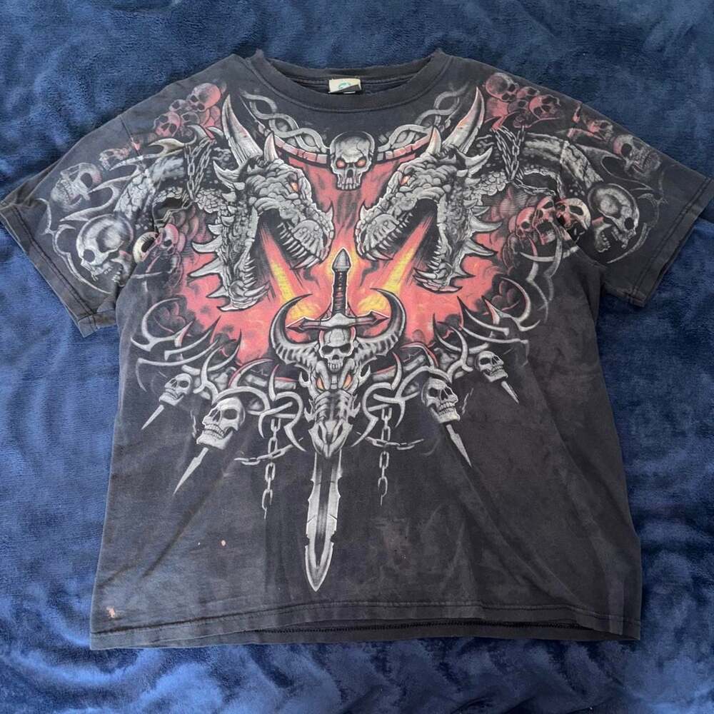 Liquid Blue Dragon Skull Sword Graphic T-Shirt